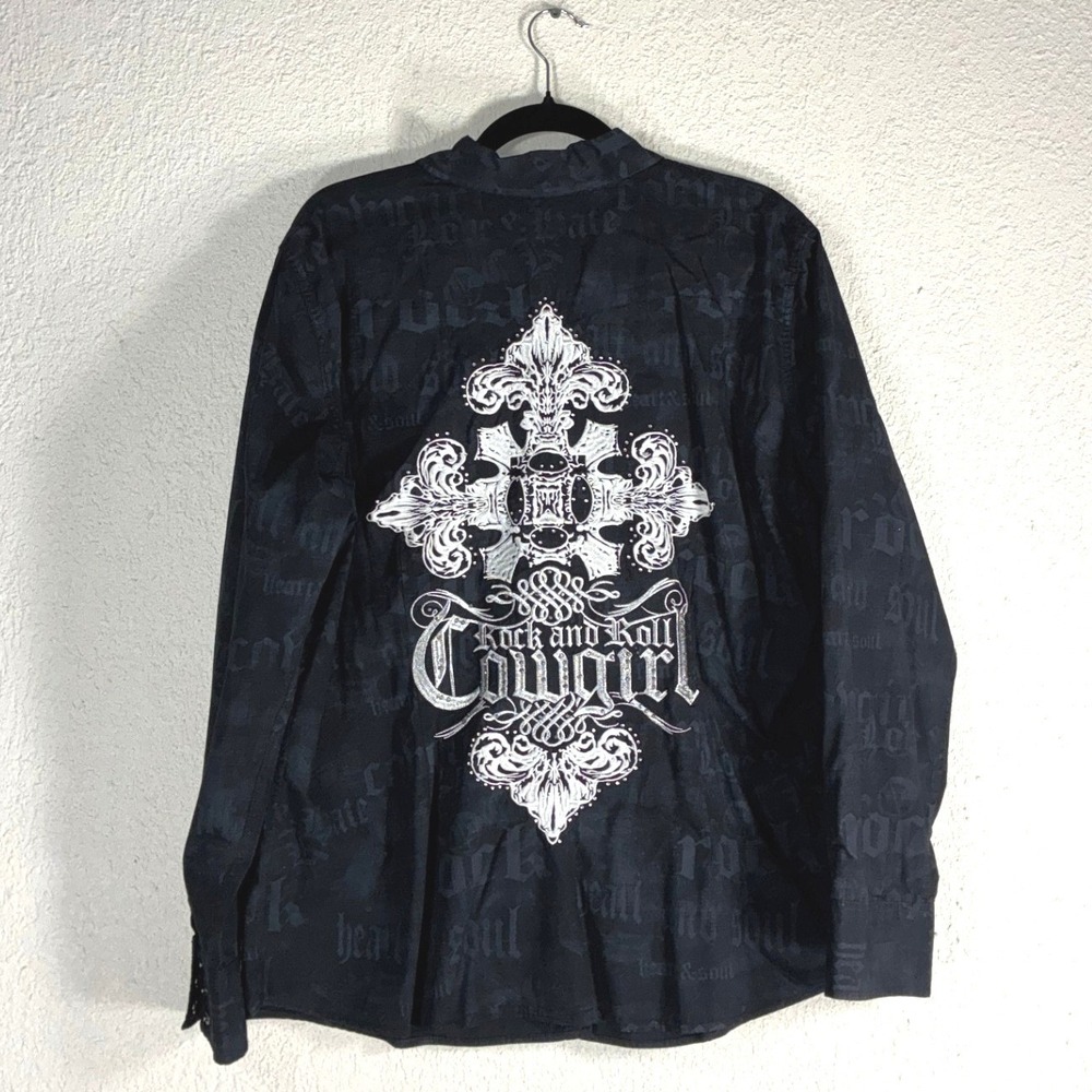 Rock and Roll Cowgirl Panhandle Slim‎ Black Embroidered Cross Western Shirt XXL